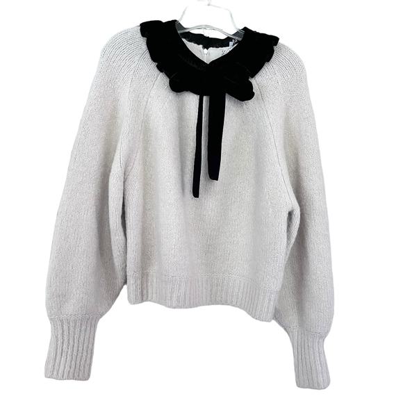 Zara White Knit Black Velvet Bow Collar Long Sleeve Pullover Sweater Medium - Picture 5 of 12